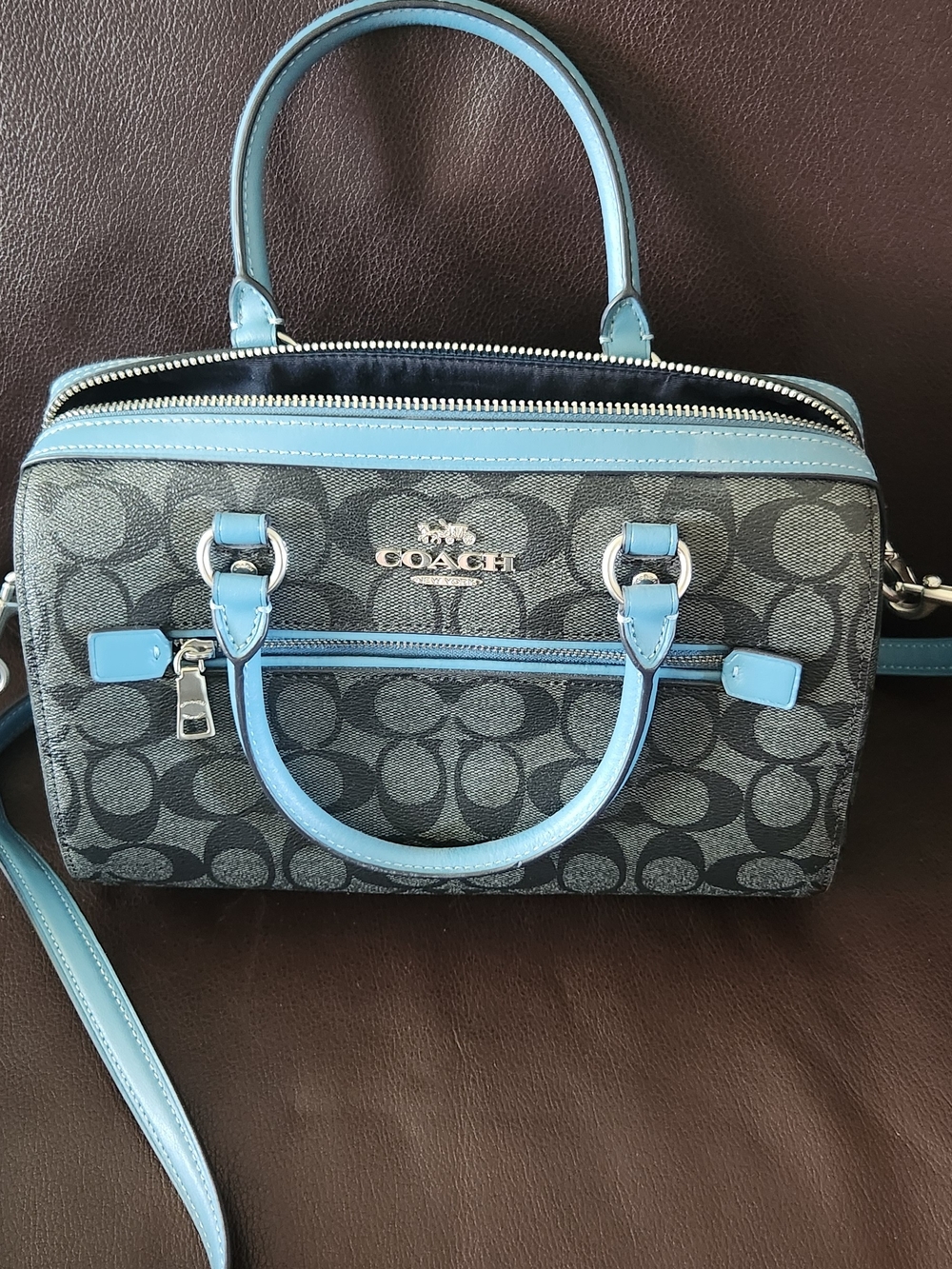 Coach Gray Signature Satchel with Light Blue Trim